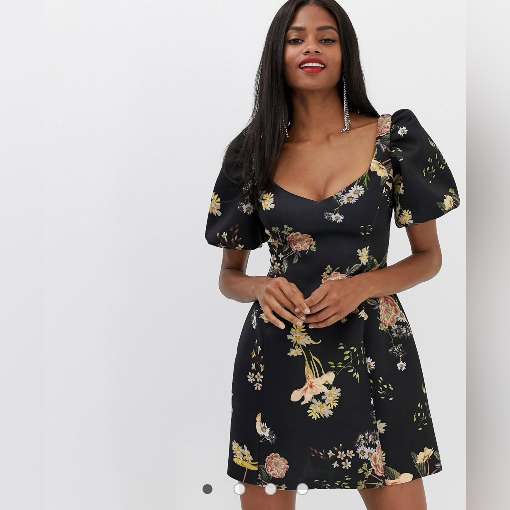 Asos Black Floral Puff-Sleeve Mini Dress With Square Neck